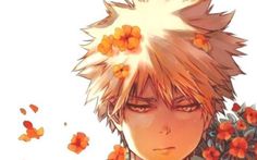 an anime character with orange flowers in his hair and wearing a white shirt, looking at the camera