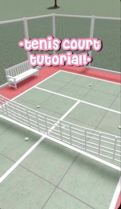 a tennis court with a bench on it and the words tennis court written in pink