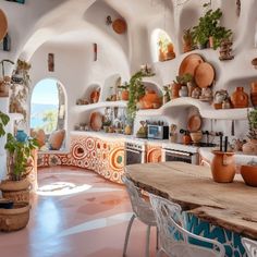 a kitchen with lots of potted plants on the wall and shelves above it that are filled with pots