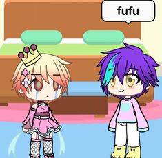 two cartoon characters standing next to each other in front of a bed with the caption fufu on it