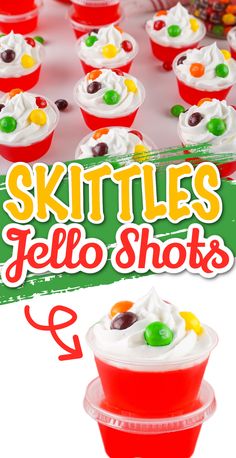 there are cupcakes with white frosting and candies on the top that say skittles hello shots