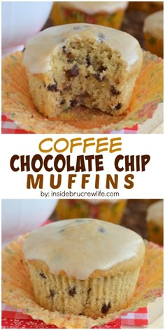 coffee chocolate chip muffins with frosting on top