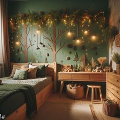 a bedroom decorated with christmas lights and decorations on the wall, along with a bed