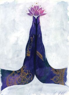 an artistic painting of two hands holding a purple and gold object with a pink flower in the middle