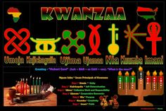 an advertisement for kwanza with candles and symbols