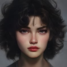 a digital painting of a woman's face with short hair and earrings on her head