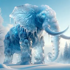 an ice - covered mammoth stands in the snow