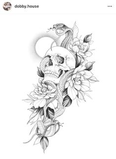 a drawing of a skull with flowers and a snake on it's head, in front of a full moon