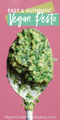 a spoon full of vegan pesto on top of a pink background with the title easy and authentic vegan pesto