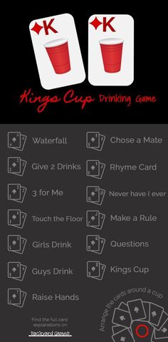 the king's cup drinking game is shown in red and white on a black background