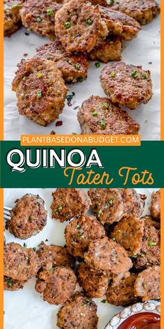 an image of some food that is on a plate and the words quinoa tater tots are above it