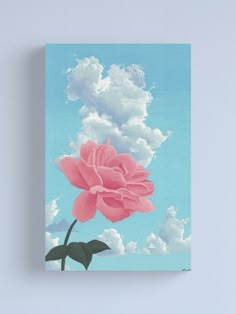 a painting of a pink flower on a blue sky with clouds in the background canvas print