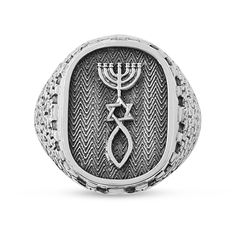 "A magnificent Sterling silver Grafted-In Messianic Signet Ring, incorporated with sterling silver decorative elements. The ring is embellished with sterling silver messianic symbol and decorated around with the western wall (Kotel) feature. The combination of the messianic symbol and the western wall will delight those with a love for Jerusalem and a desire to express their faith in the Lord Because of its unique and impressive design, this ring is suitable for both men and women, and makes a w Men's Gifts, Judaica Jewelry, Hamsa Jewelry, Western Wall, Star Of David Pendant, Jewish Jewelry, Gemstone Beaded Necklace, Yellow Gold Jewelry, Jewelry Statement