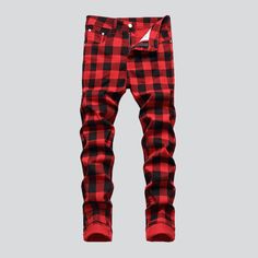 Checkered red men's jeans online—excellent jeans from the 2022 Autumn collection. Fashion style allows you to stay on trend with current styles while being creative and expressing your personal style. It's all about finding pieces that work together to create a fashionable and unique look.Depending on the occasion, red denim can easily be dressed up or down. It is versatile and fashionable, making it an excellent choice for casual or dressy outfits. It looks great with white, black, brown, and b