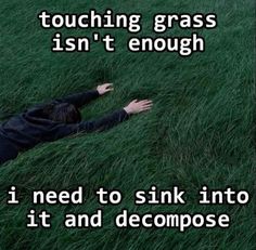 a person laying in the grass with their arms out and texting that reads, touching grass isn't enough i need to sink into it and decompose