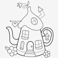 a black and white drawing of a teapot with a house on the top, surrounded by flowers