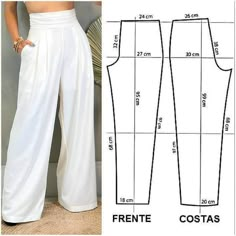 the front and back view of a women's pants pattern, with measurements for each side