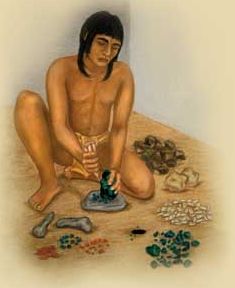 a painting of a man sitting on the ground with rocks and stones around him,