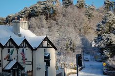 a snow covered street with buildings and trees in the background