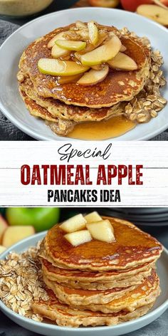 pancakes with apples and oatmeal are stacked on top of each other