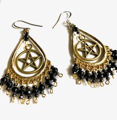 Pentagram Earrings-beaded gold-Pentacle earrings-Wiccan-Pagan-Occult-Goth-Witchcraft A classic for every dark lady.  Product details gold plated; Antique bronze ear wire 3 1/4 inches long total  VISIT MY SHOPS HERE   * http://www.etsy.com/shop/HappyCatHouse * http://www.Etsy.com/shop/AnEnchantingCreature  CONNECT  * http://www.facebook.com/EnchantingCreature * https://instagram.com/enchantingcreature * https://www.pinterest.com/enchantingcreature * @EnchantingCreature  NEW TO ETSY?  A great tuto Bohemian Metal Earrings For Halloween, Spiritual Beaded Earrings For Festivals, Bohemian Gold Jewelry For Halloween, Gothic Dangle Earrings For Festival, Handmade Gothic Earrings For Festival, Handmade Gothic Gold Earrings, Spiritual Festival Earrings With Dangling Beads, Spiritual Earrings With Dangling Beads For Festival, Gothic Brass Dangle Earrings