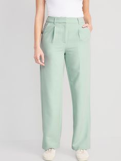 Partially-elasticized extra high-rise waistband, with built-in belt loops.  Concealed double hook-and-bar closure, built-in belt loops, hidden zip fly, and interior stay button.  On-seam diagonal side pockets, with back welt pocket.  Secret-smooth po Green Wide Leg Pants For Business Casual, Green Wide Leg Casual Pants For Business Casual, Casual Dress Pants With Elastic Waistband For Work, Tapered Leg Bottoms For Workwear With Belt Loops, Wide Leg Office Bottoms With Pockets, Wide Leg Bottoms With Pockets For Office, Office Wide Leg Bottoms With Pockets, Office Wide-leg Bottoms With Pockets, Spring Workwear Dress Pants With Elastic Waistband