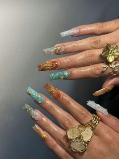 Winter Junk Nails, Caribbean Nail Designs, Every Nail Is Different Design, Earthy Nails Designs, Girly Nail Designs, Green Gold Nails, Maximalist Nails, Long Nail Art, Hippie Nails