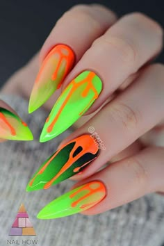 These neon green and orange dripping designs are perfect for making a statement. Ideal for any occasion, discover more neon nail art at nailhow.com. Neon Nail Art Designs, Summer Nail Art Designs, Silk Wrap Nails, Neon Nail Art, Neon Nail Designs, Nail Prices, Green Nail Designs, Drip Nails, Nail Art Designs Summer