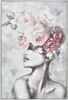 a woman's face with flowers in her hair on a white and gray background