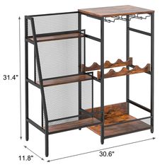 three tiered shelving unit with wooden shelves and metal mesh dividers on each shelf