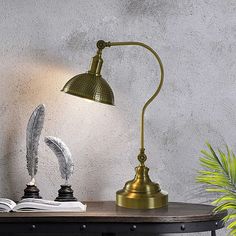 a desk with a lamp, feather quill and an open book on it next to a potted plant