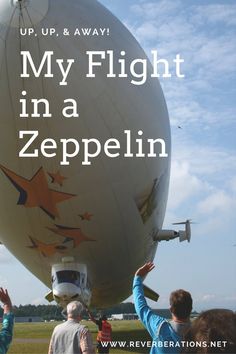 people standing in front of an airplane with the words, my flight in a zeppelin