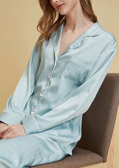 Women Light Blue V Neck Button Ice Silk Pajamas Two Pieces Set Long SleeveFabric: Ice SilkSize & Fit: Fit: This garment fits true to size.Length: Size 2XL measures 28.86"from shoulder to hemBust: Great for any cup size. Waist: Loose Fit. Comfortable room throughout midsection.Hip: Loose Fit - room for hips. Hand Wash Cold. Oversized Dress, Drawing Inspo, Linen Maxi Dress, Comfortable Room, Blue V, Cup Size, Linen Dresses, Two Pieces