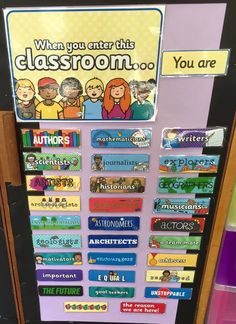 the classroom door sign has many books on it