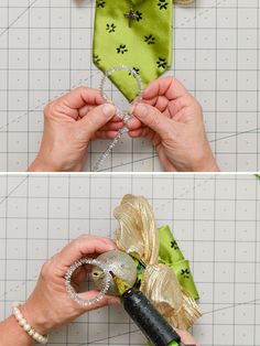 two pictures show how to make an ornament out of fabric and ribbon with scissors