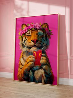 a painting of a tiger with flowers on its head holding a red cup in it's paws