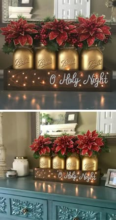 christmas decorations on top of a dresser and below it are pictures of poinsettis