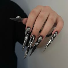 Black Nails Goth, Long Sharp Nails, Goth Clown, Reflective Nails, Black Stiletto Nails, Long Stiletto Nails, Sharp Nails, Long Stiletto