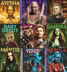 an image of the avengers movie characters in their respective colors and font choices for each character