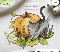 a watercolor painting of two cats hugging each other in front of a pumpkin and leaves