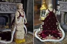 two pictures of figurines, one wearing a gown and the other in a fur coat