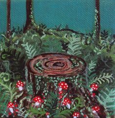 a painting of mushrooms and ferns in the woods