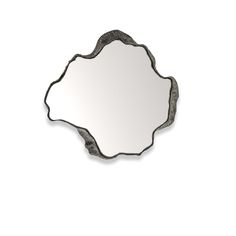 a mirror that is sitting on top of a wall next to a white wall with a black frame