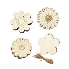 wooden flower cutouts with string on white background