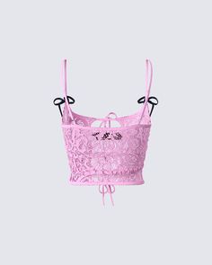 Covered in bows like the gift you are 😏 Give them something to unwrap in this pink tie front top made from lace fabric and complete with a fitted and cropped style 💕 Summer Tops With Lace Closure, Lace Closure Top For Summer Parties, Chic Pink Lace Top For Party, Summer Party Crop Top With Crochet Lace, Summer Party Crochet Lace Crop Top, Sleeveless Crochet Lace Crop Top For Party, Pink Lace Trim Top For Party, Pink Lace Top For Party, Summer Party Pink Lace Top