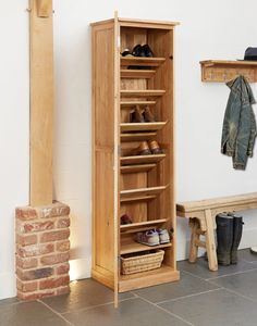 Wood Furniture UK - Shop Mobel Oak Tall Shoe Cupboard - Oakavia Oak Shoe Storage, Shoe Storage Cupboard, Tongue And Groove Panelling, Shoe Cupboard, Boot Storage, Shoe Shelves, Narrow Shoes, Hallway Storage, Hallway Furniture