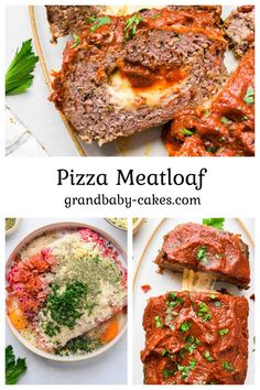 pizza meatloaf with sauce, cheese and parsley on top is featured in this collage