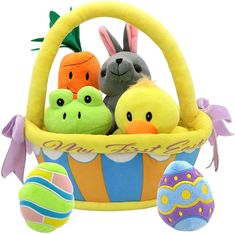 three stuffed animals in a basket with easter eggs