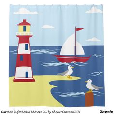 a shower curtain with a lighthouse and seagulls on the beach