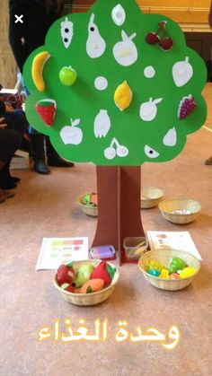 a group of people standing around a green tree with fruit in bowls on the ground